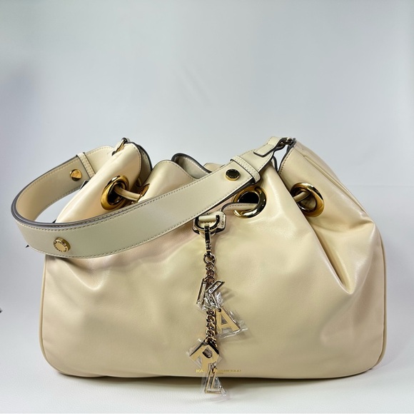 NEW Karl Lagerfeld Cream Desiree Leather Shoulder Crossbody Drawstring Bag - Picture 3 of 16